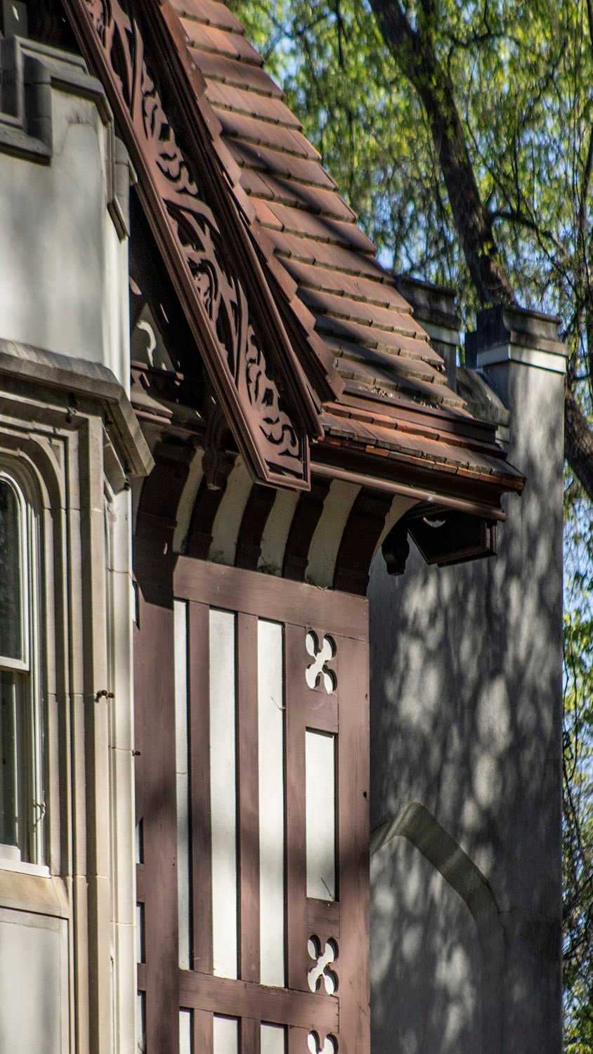 Half-timbering and strapwork ornament on the facade of Callanwolde, Atlanta
