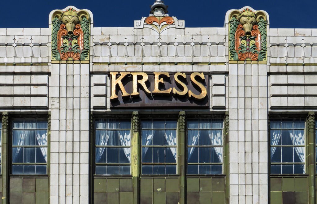 Sign and fourth-floor windows on the facade of S.H. Kress & Co., Greensboro, North Carolina