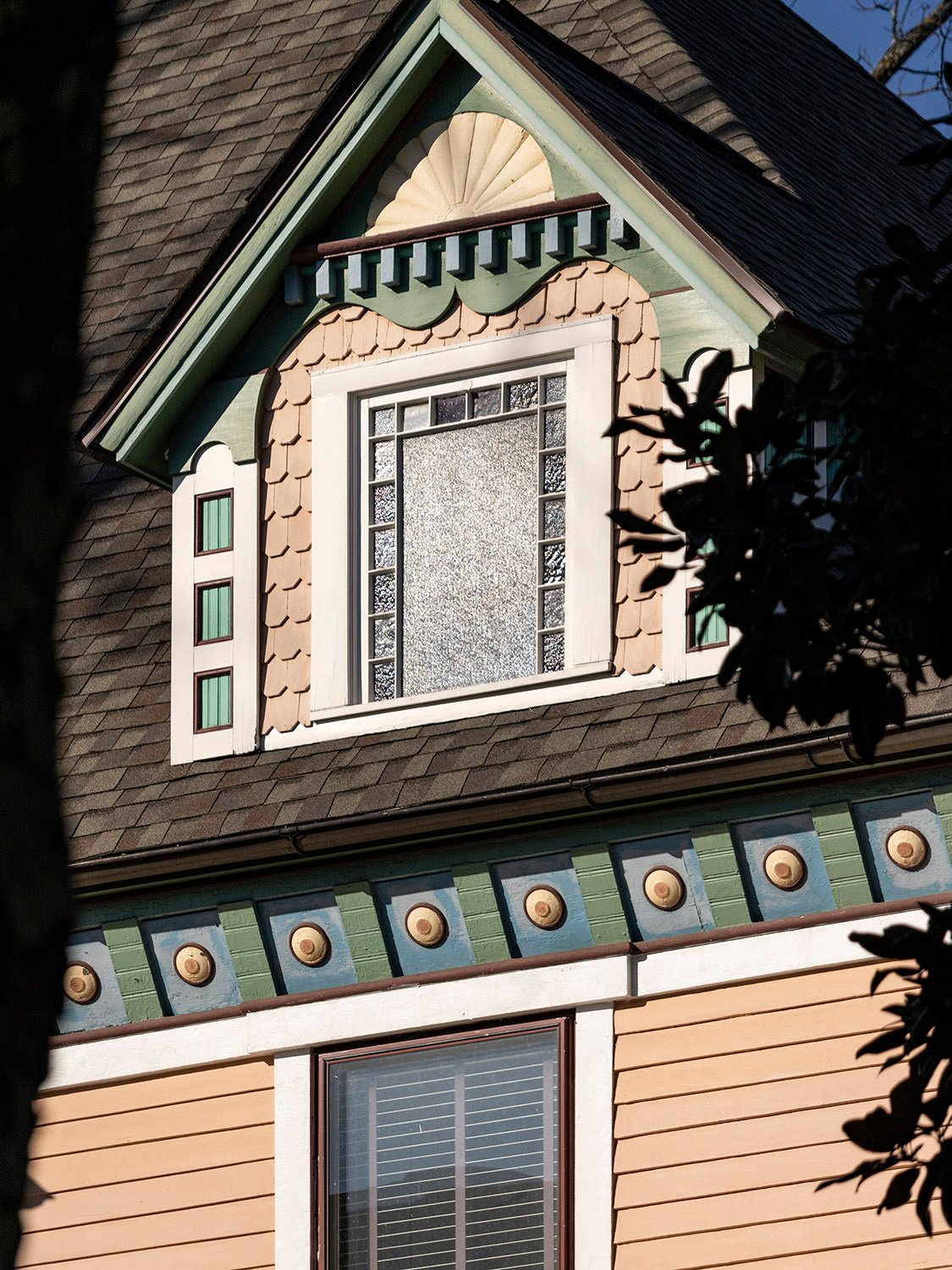 Attic dormer and cornice on the east elevation of the George E. King Residence