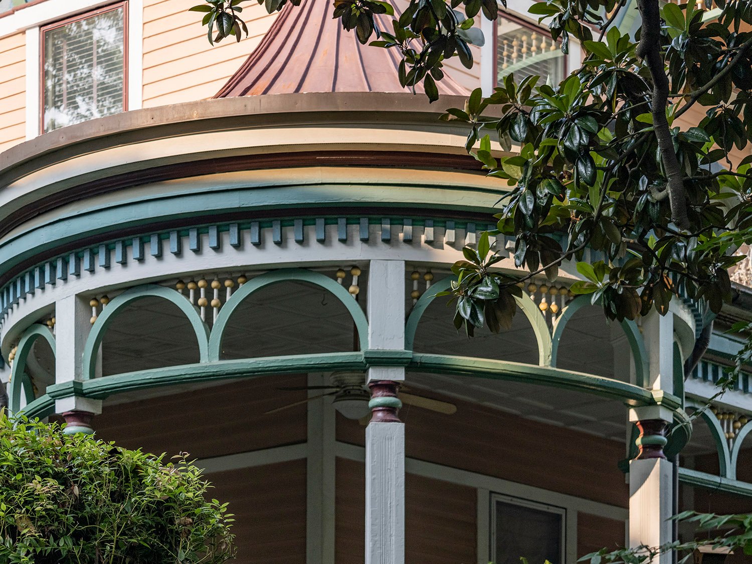 Looking at the first-floor porch of the George E. King Residence from the northeast