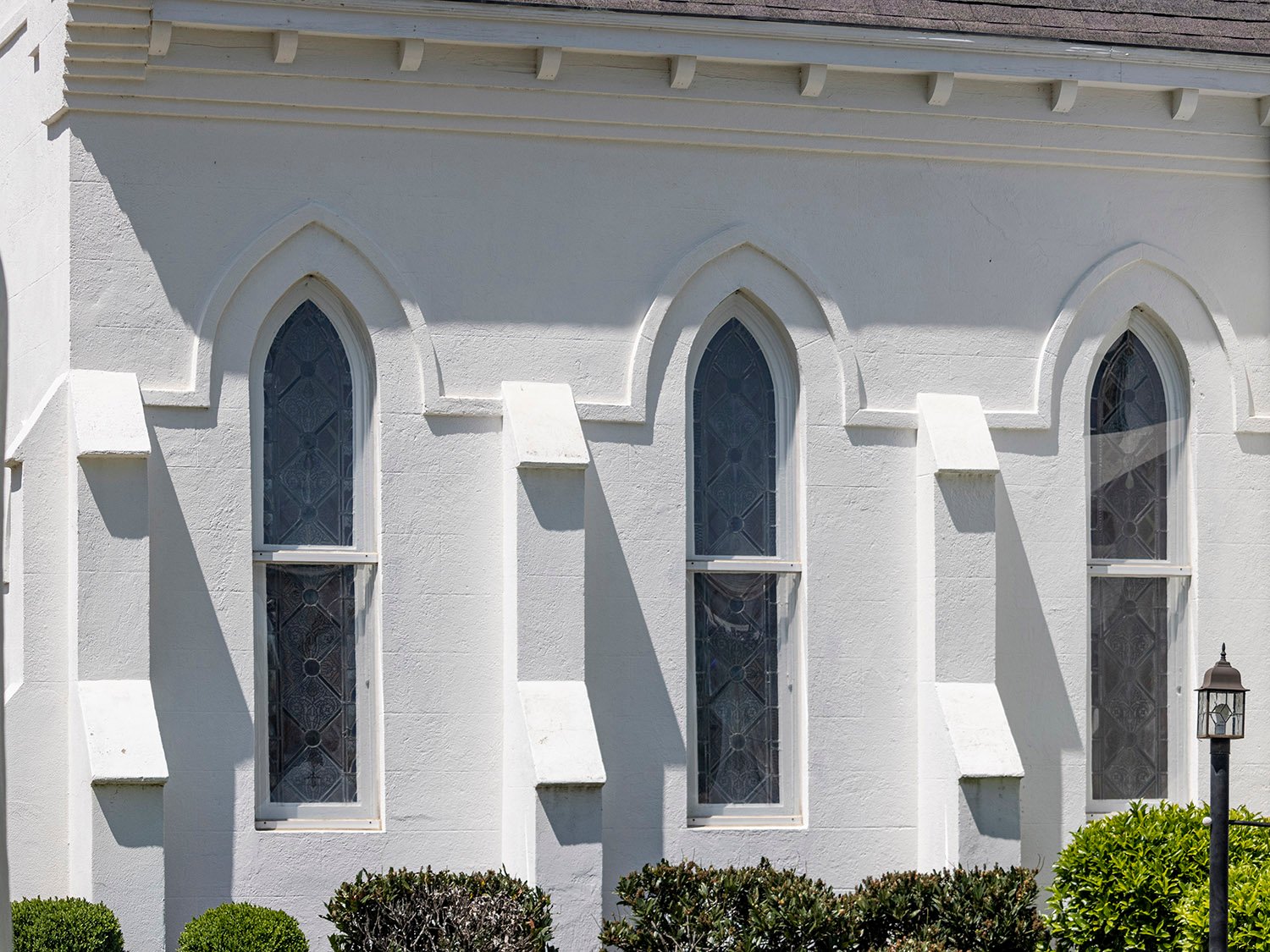 Windows on the southeast elevation of Sacred Heart Catholic Church, Abbeville, South Carolina