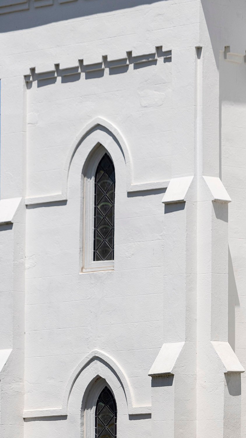 Turret windows on the facade of Sacred Heart Catholic Church, Abbeville, South Carolina