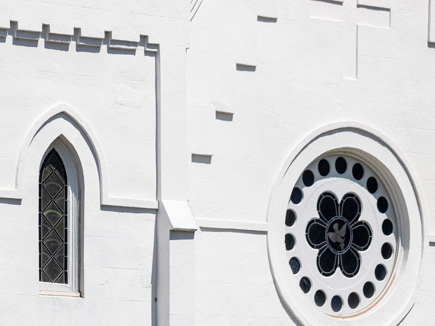 Windows on the facade of Sacred Heart Catholic Church, Abbeville, South Carolina