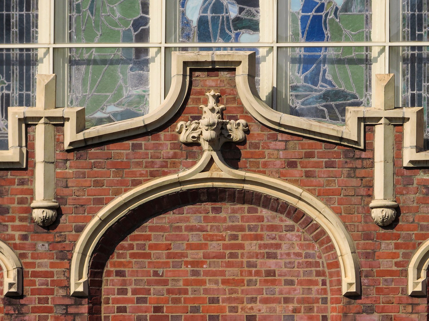 Blind arch and terracotta ornamentation on the east facade of Second Presbyterian Church, Greenville, South Carolina 