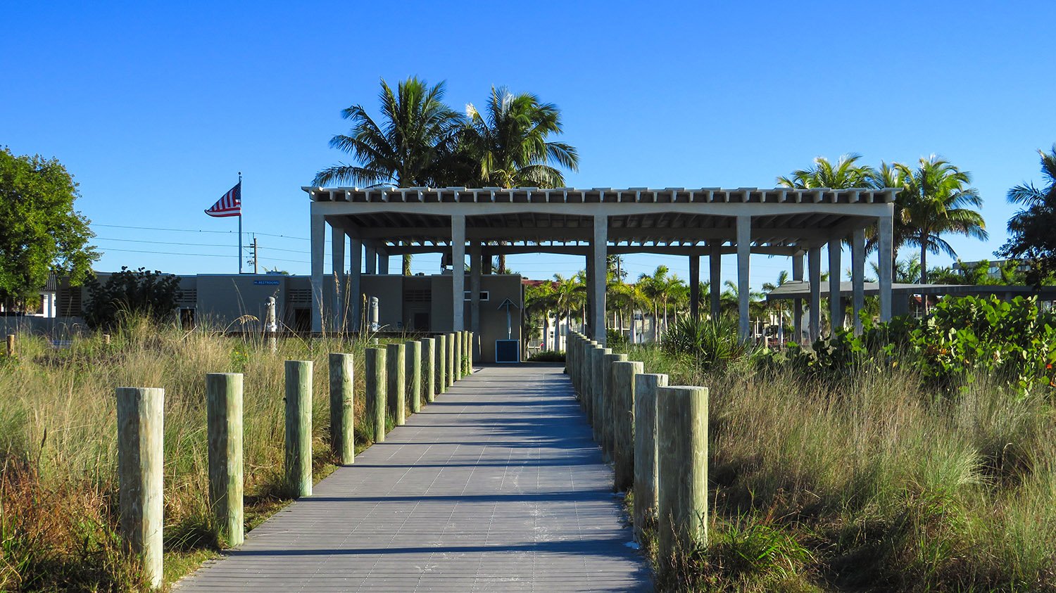 Looking at the Siesta Key Beach Pavilion from the southwest
