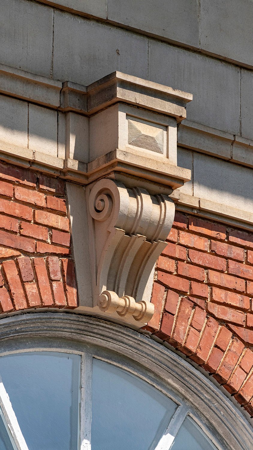 Ornamental console on a second-floor window of the Abbeville County Courthouse, Abbeville, South Carolina
