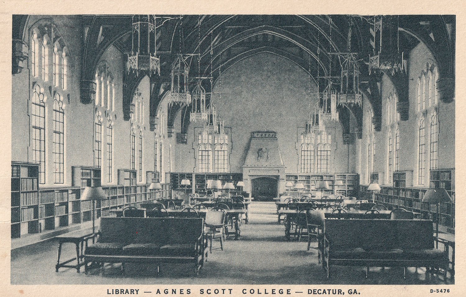 Postcard view of the interior of McCain Library (1936) at Agnes Scott College, Decatur, Georgia