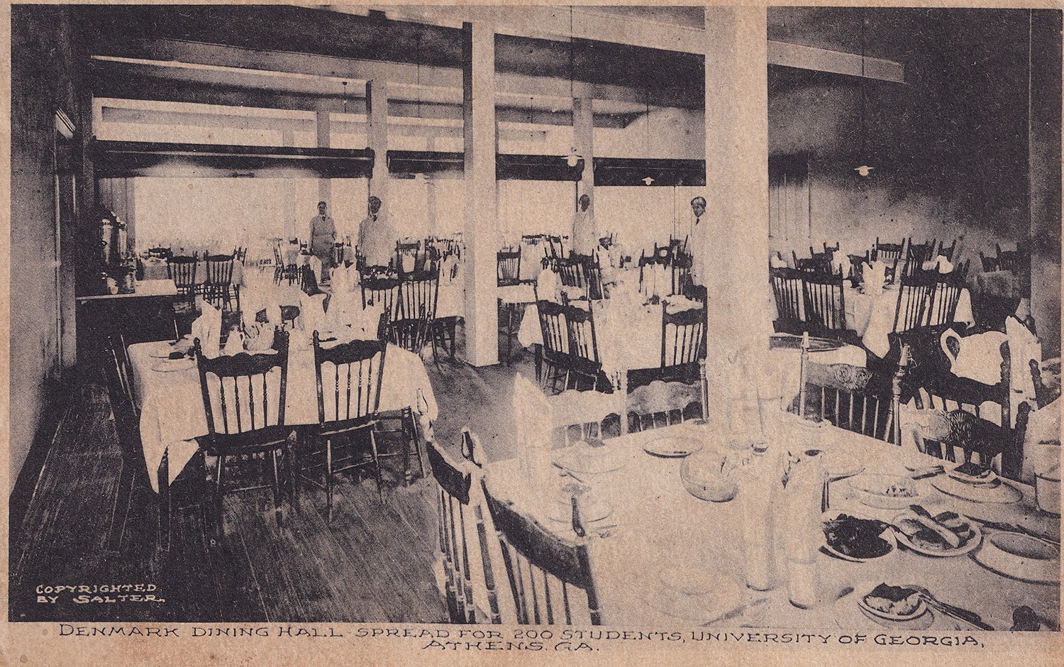 Postcard view of main dining room in Denmark Hall (1902), Athens, Georgia