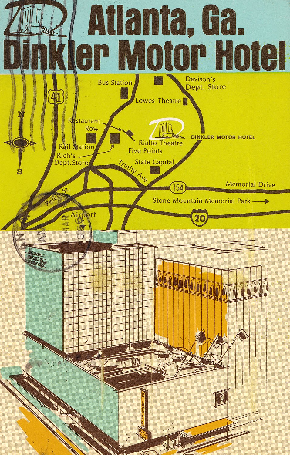 Postcard illustration of the Dinkler Motor Hotel (1965), Atlanta