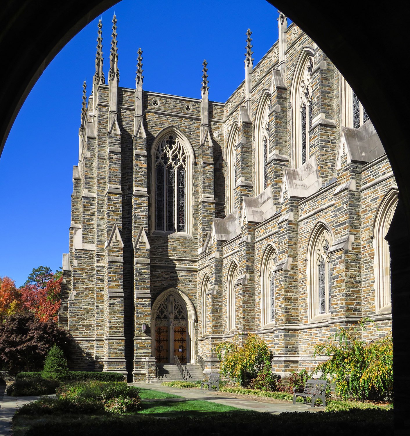 Looking at the southwest elevation of Duke University Chapel, Durham, North Carolina