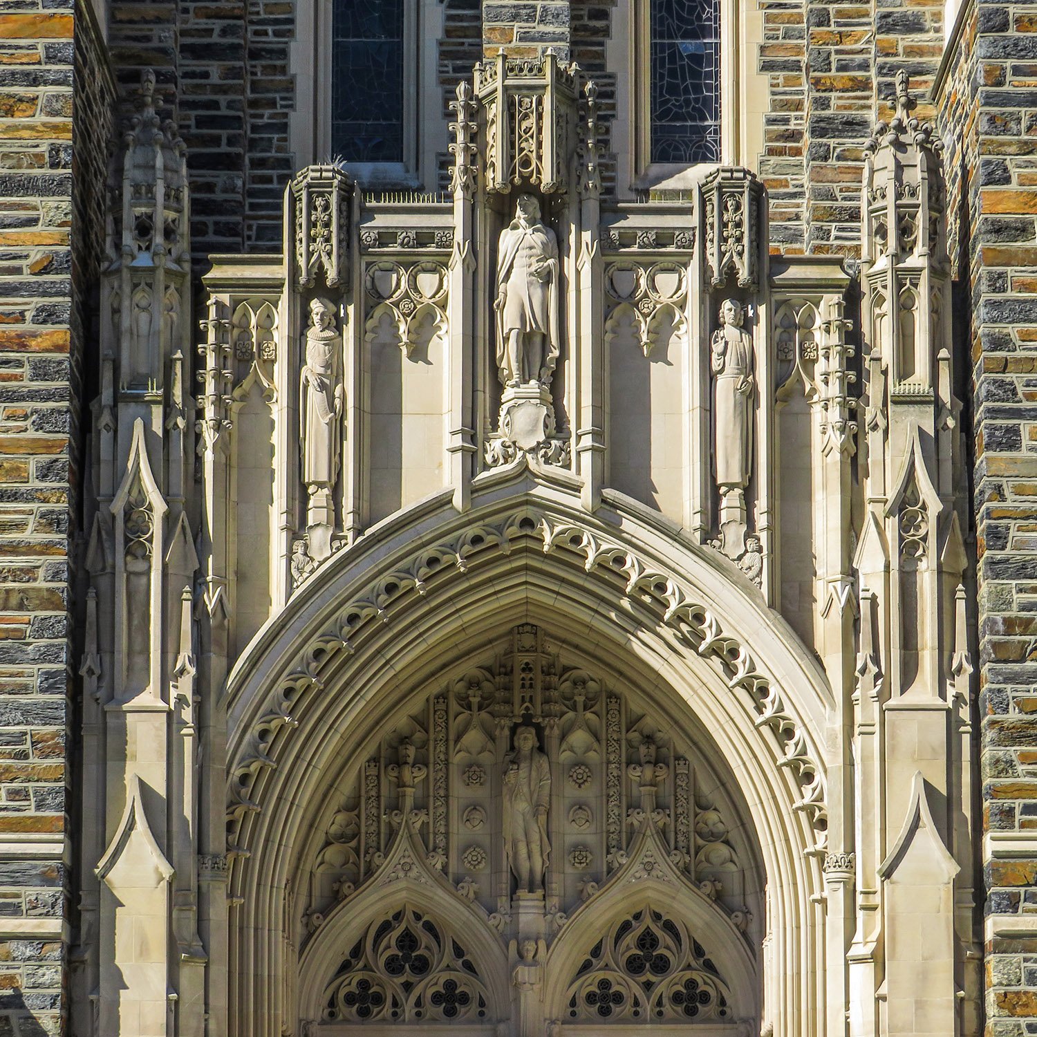 Tympanum and sculptures above the entrance of Duke University Chapel, Durham, North Carolina
