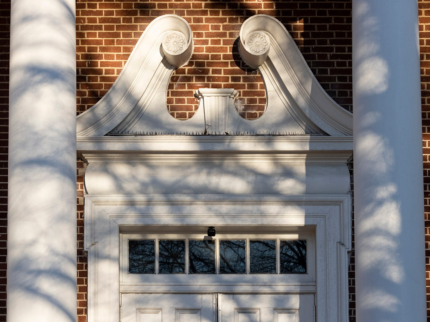 Swan-neck pediment over the entrance of First Christian Church, Decatur, Georgia