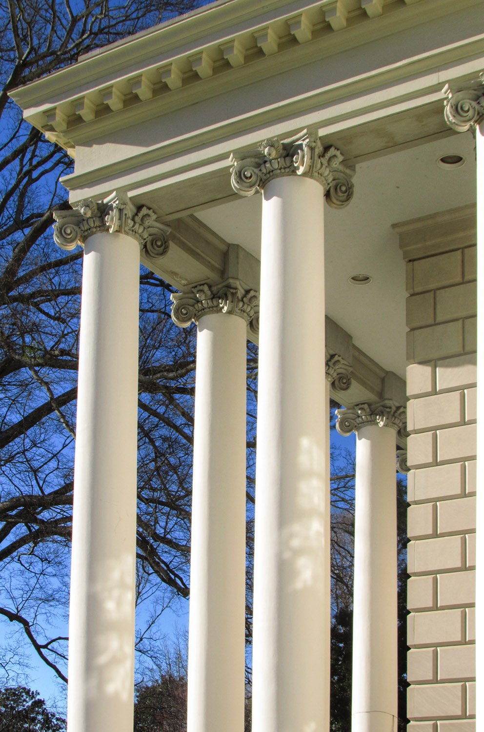 Looking up at the entrance portico of Glenn Memorial Church, Atlanta