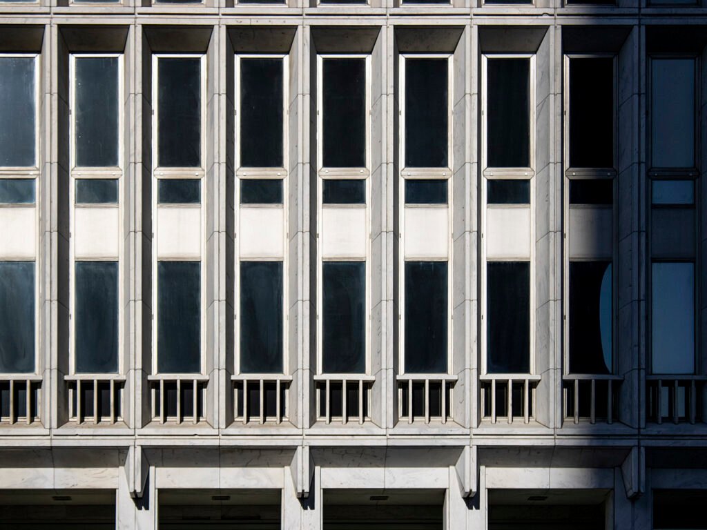 Windows and marble sun shades on the Life of Georgia Tower, Atlanta