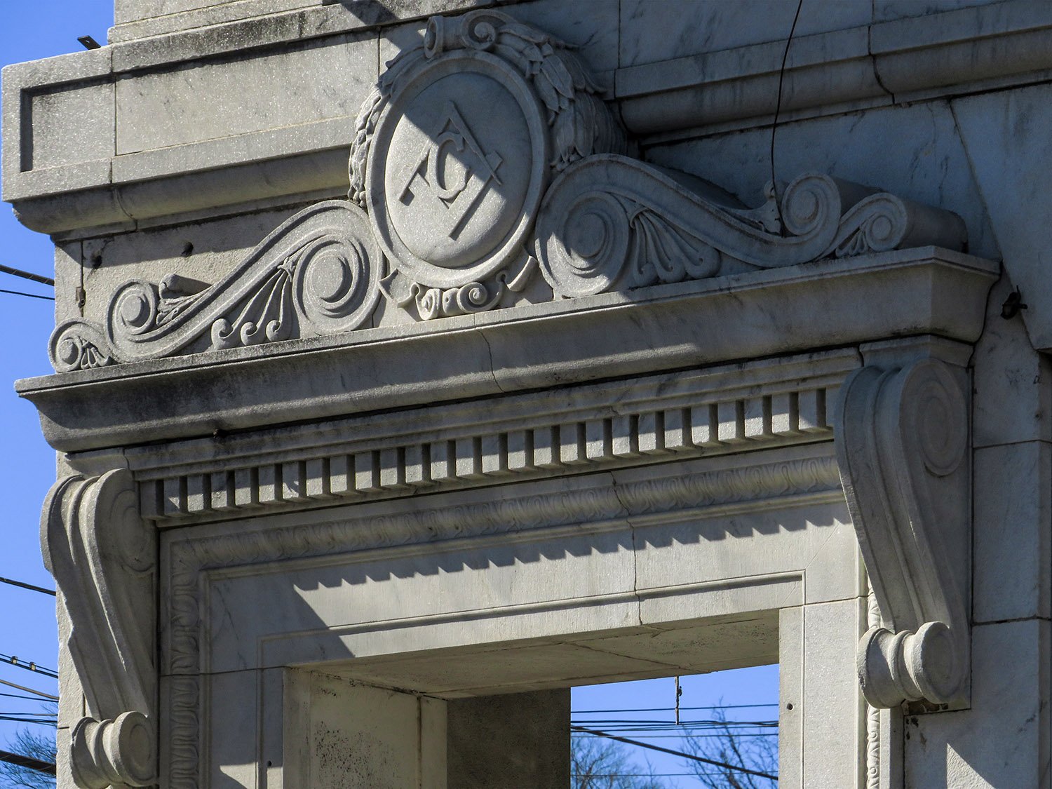 Limestone facing and pediment on the southeast entrance of the Capitol View Masonic Temple