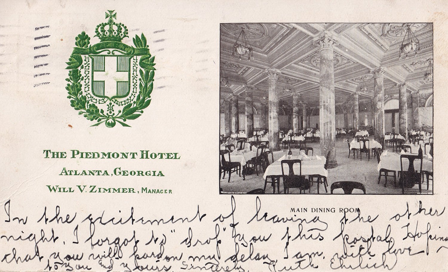 Postcard view of Main Dining Room in Piedmont Hotel (1903), Atlanta