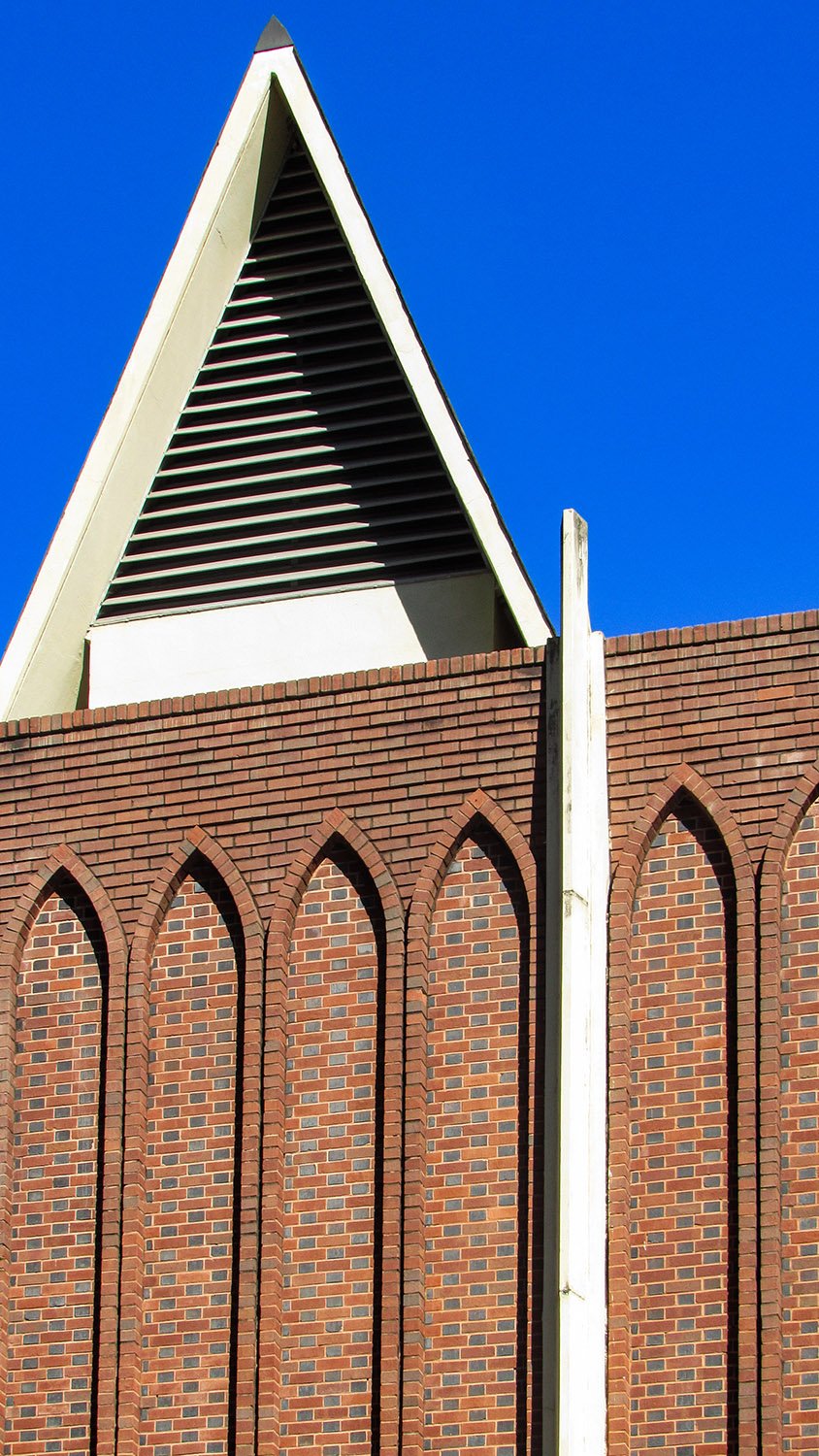Gable and brick wall on the south facade of the Dana Fine Arts Center