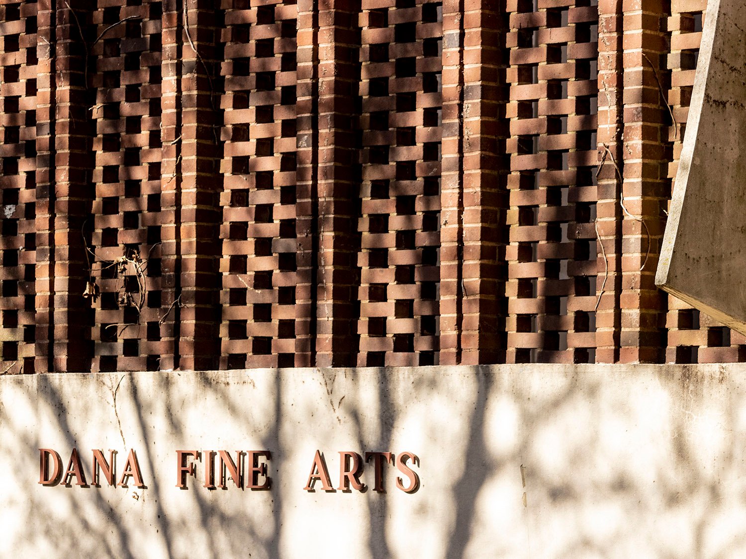 Sign on the east elevation of the Dana Fine Arts Center