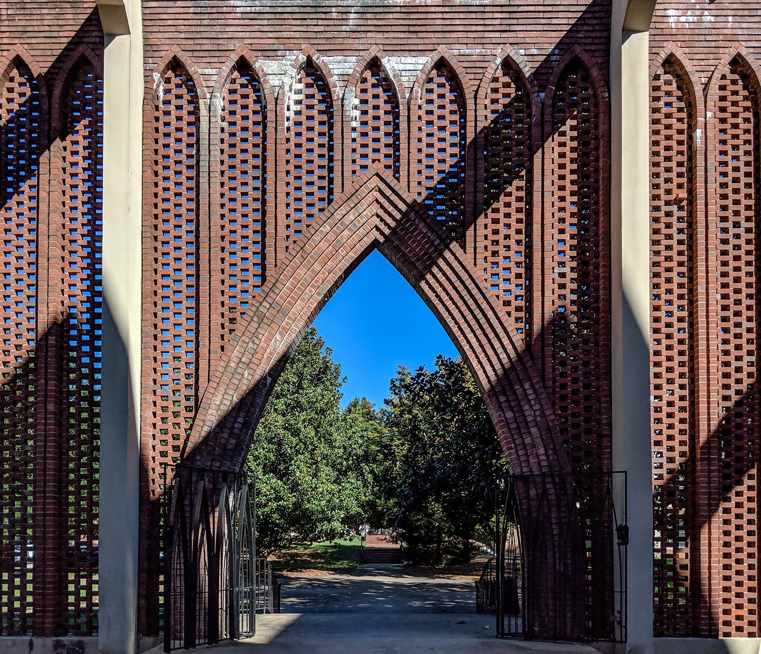 Looking out the courtyard entrance of the Dana Fine Arts Center