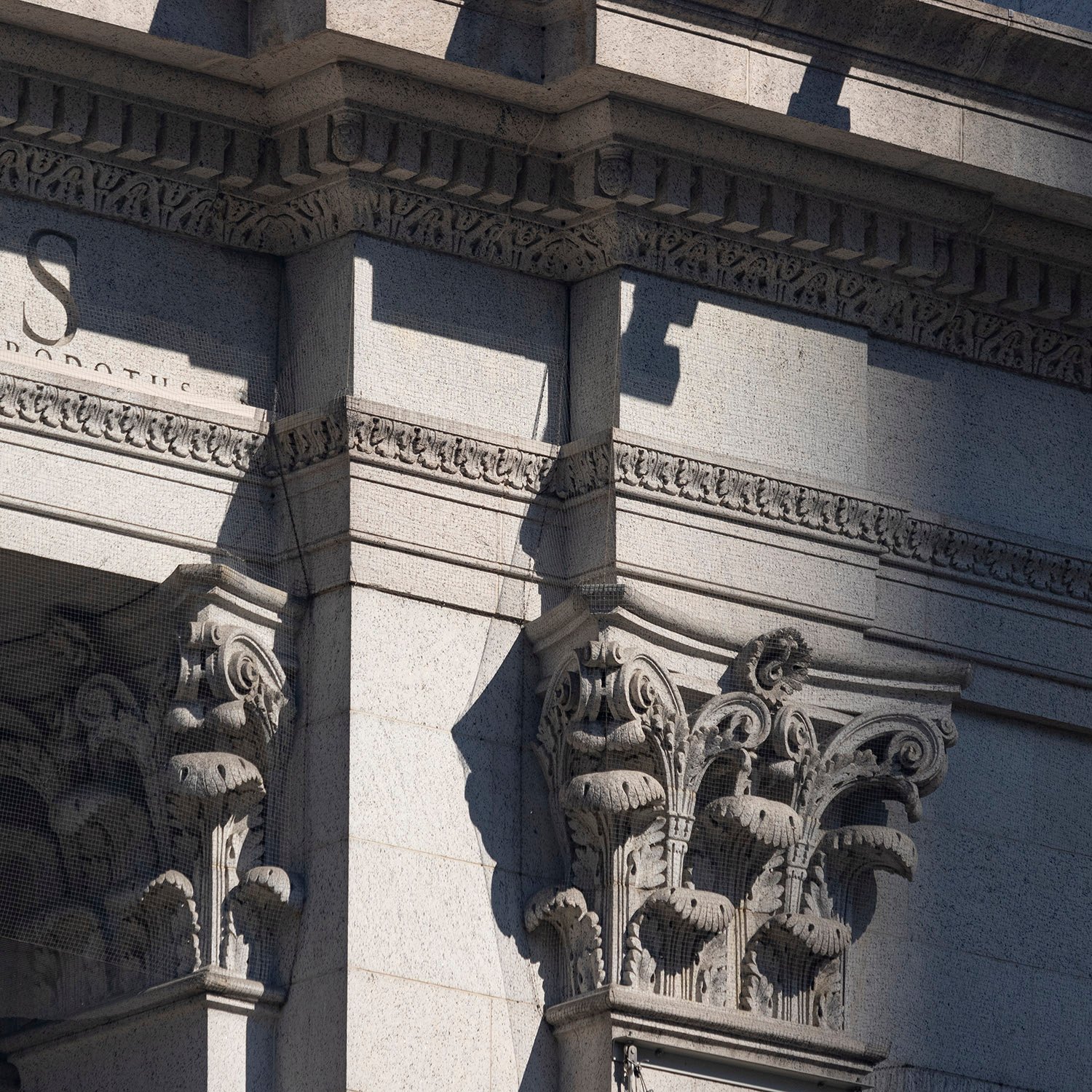 Corinthian capitals and entablature on the facade of the United States Post Office, New York