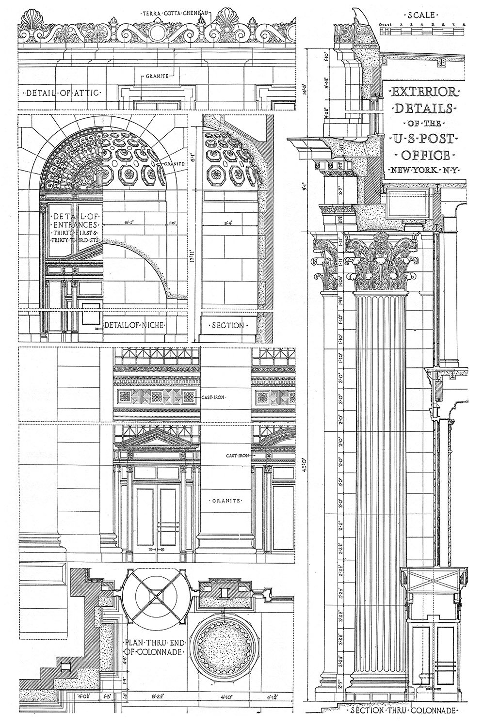 Detail and section drawings of the United States Post Office, New York