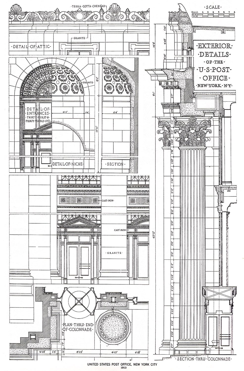 Exterior detail drawings of the United States Post Office, New York