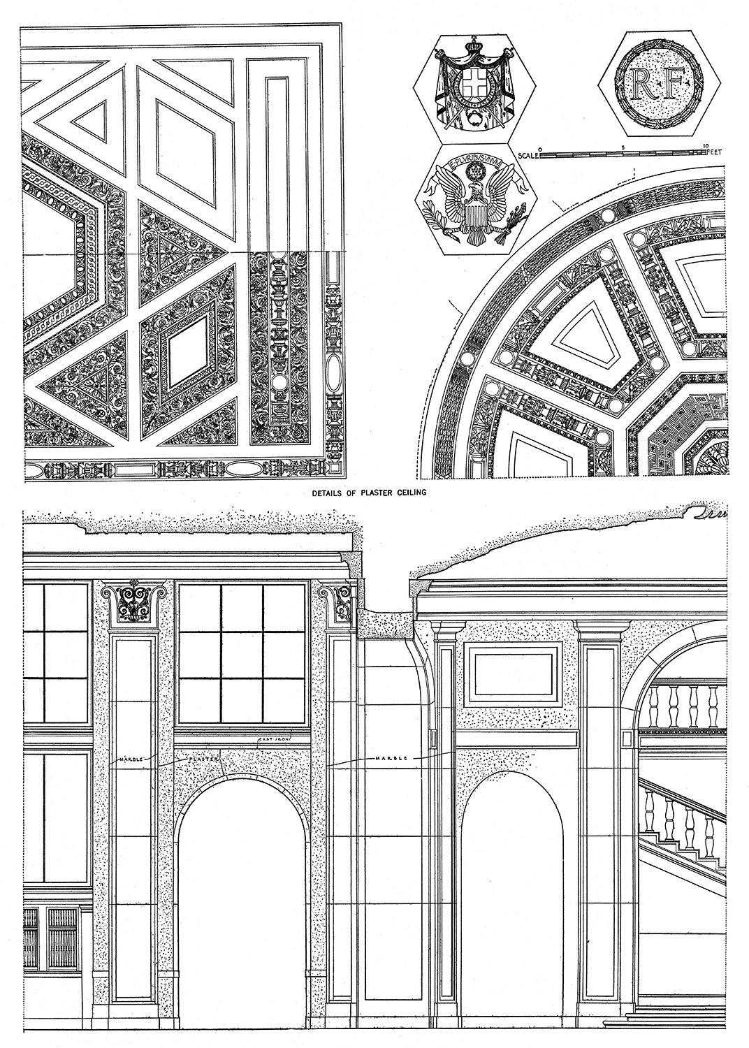 Detail drawings of the plaster ceiling and public corridor in the United States Post Office, New York