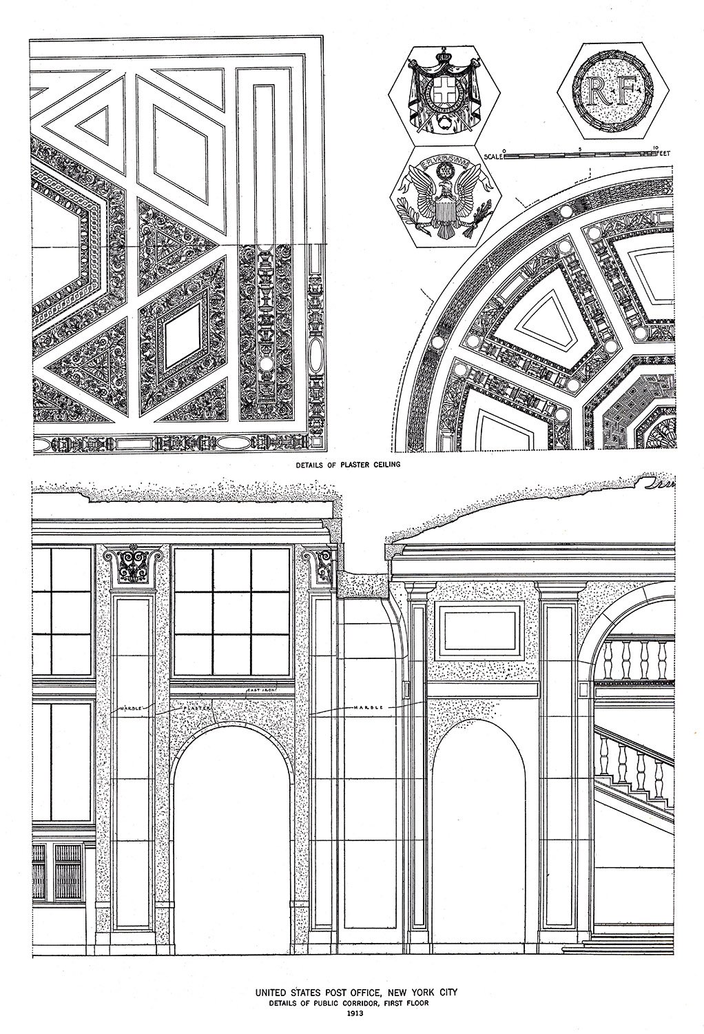 Interior detail drawings of the United States Post Office, New York