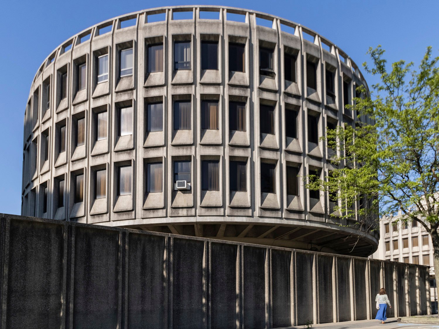 Looking up at the Police Administration Building from the northeast