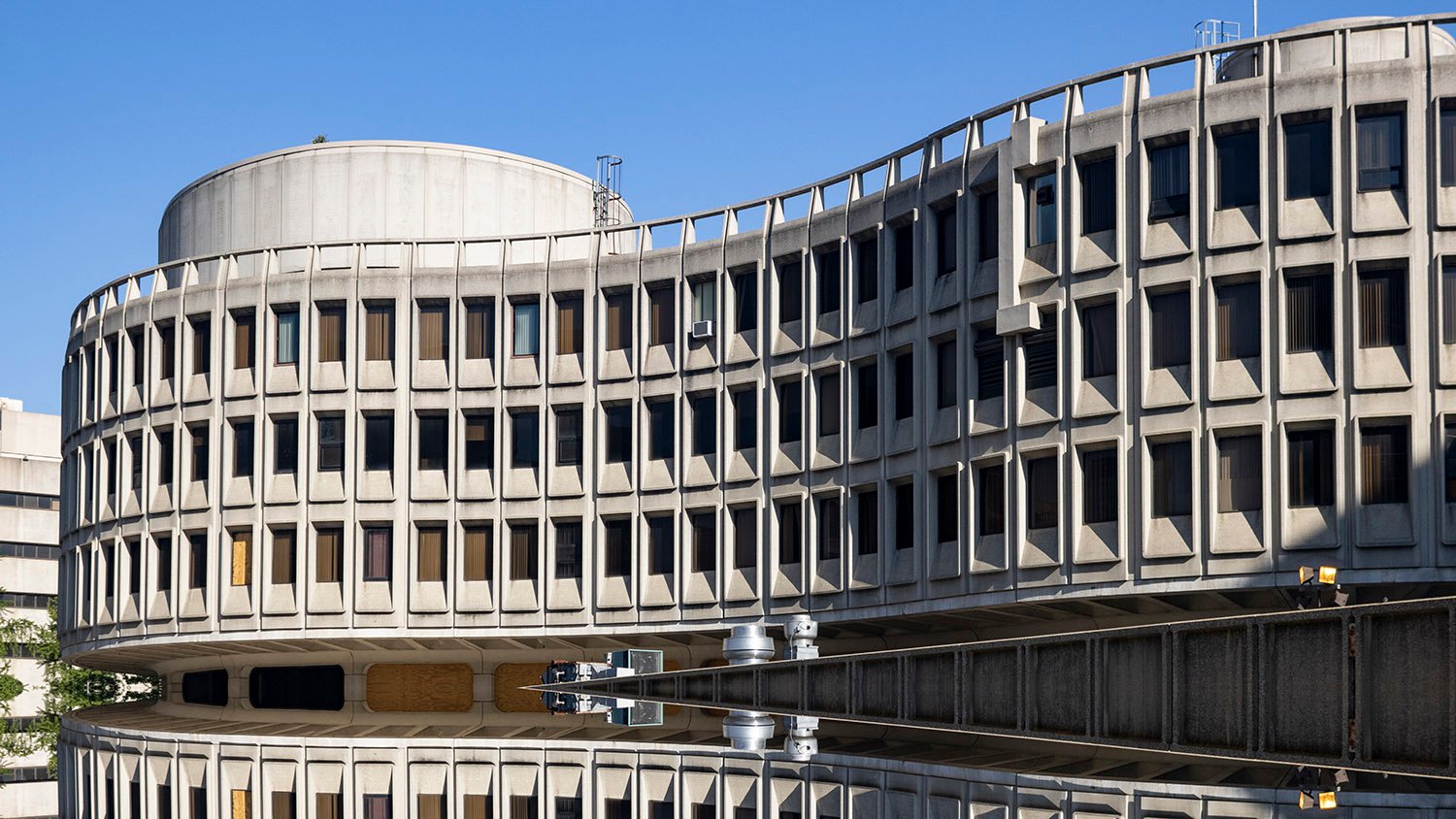 Looking at the rear of the Police Administration Building from the southeast