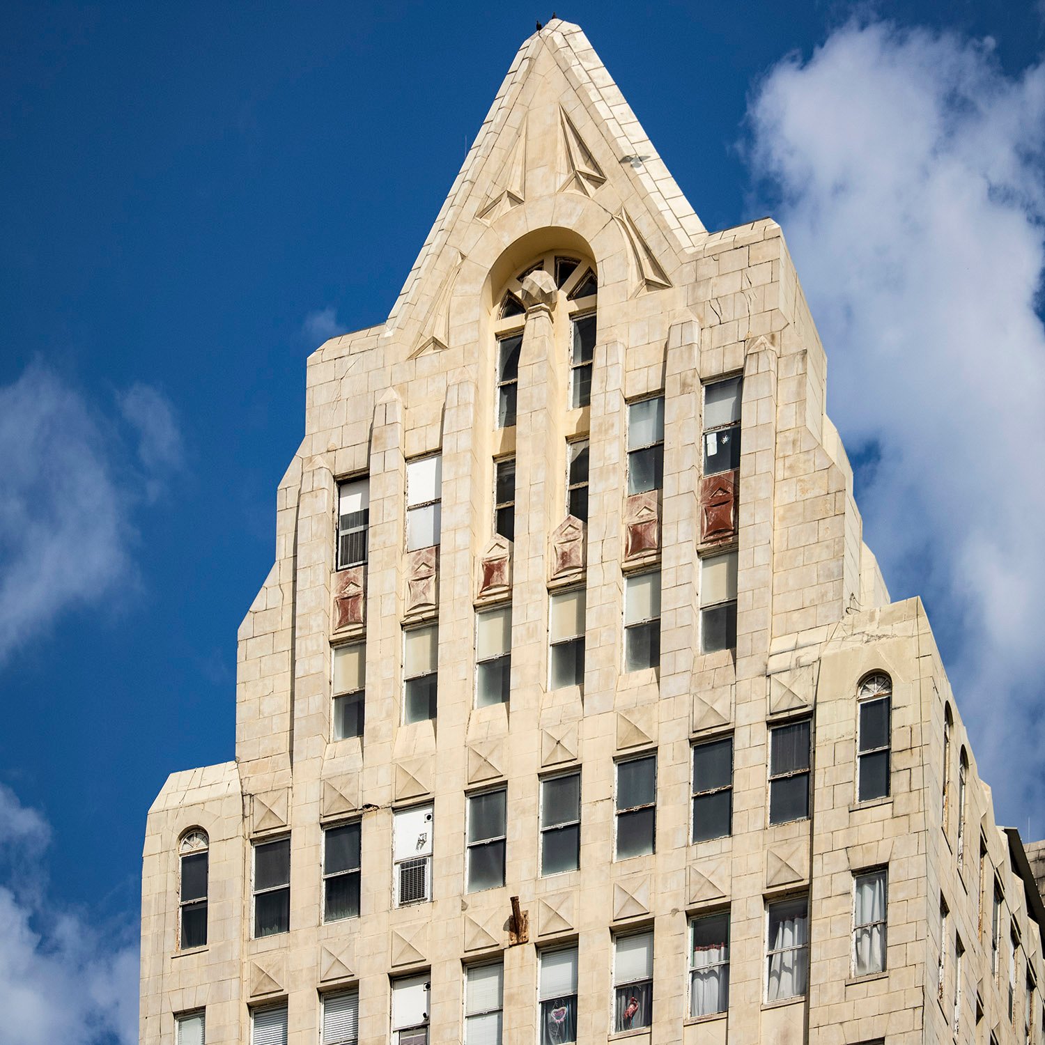 Looking at the top of the Watts Building from the southwest