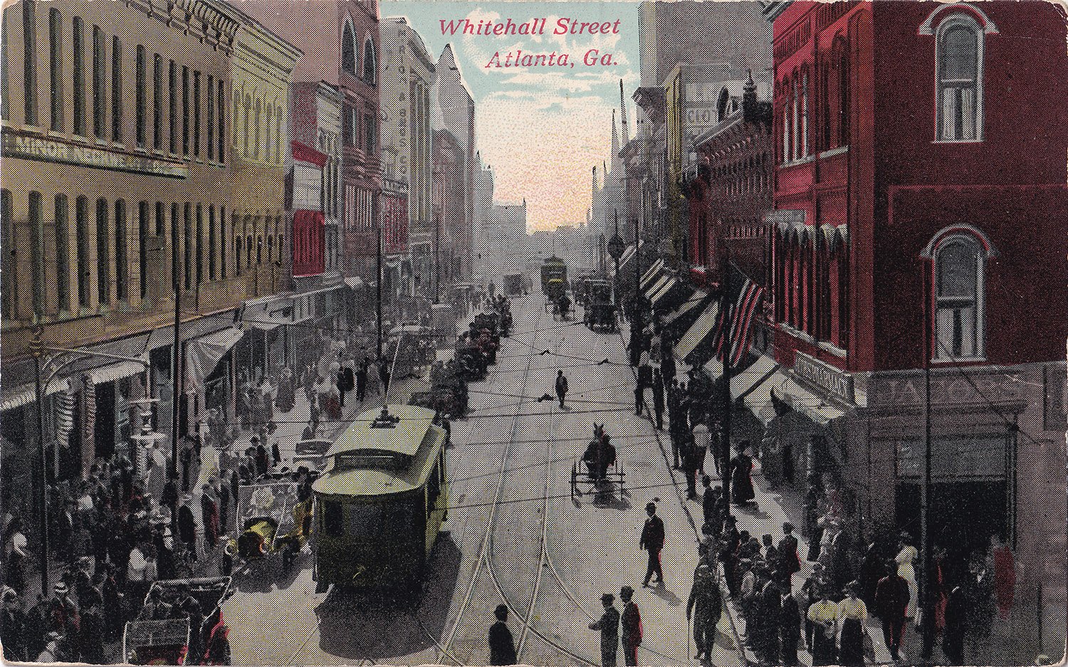 Looking south on Whitehall Street, with the Hirsch Building visible on the distant left. Illustration from an undated postcard published by Witt Bros. of Atlanta and Berlin.