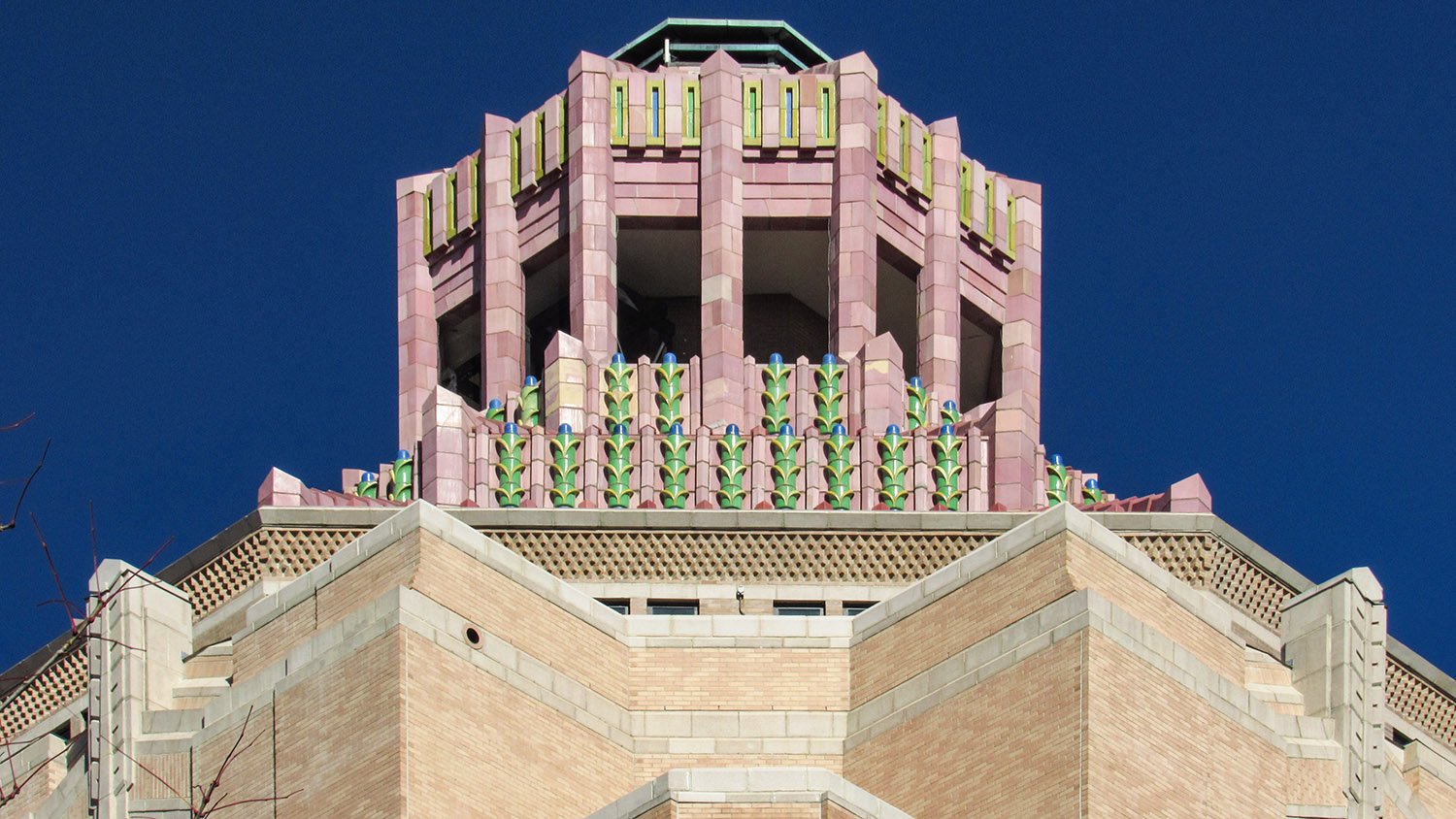 Looking up at the tower on the City Building, Asheville, North Carolina