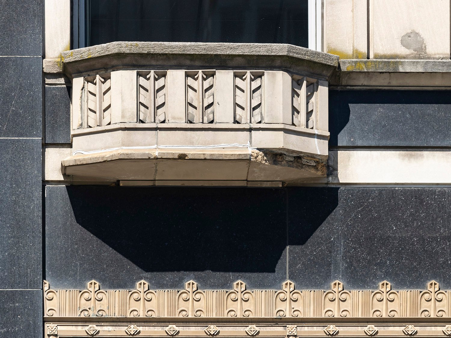 Fourth-floor terracotta pier on the facade of Suburban Station, Philadelphia
