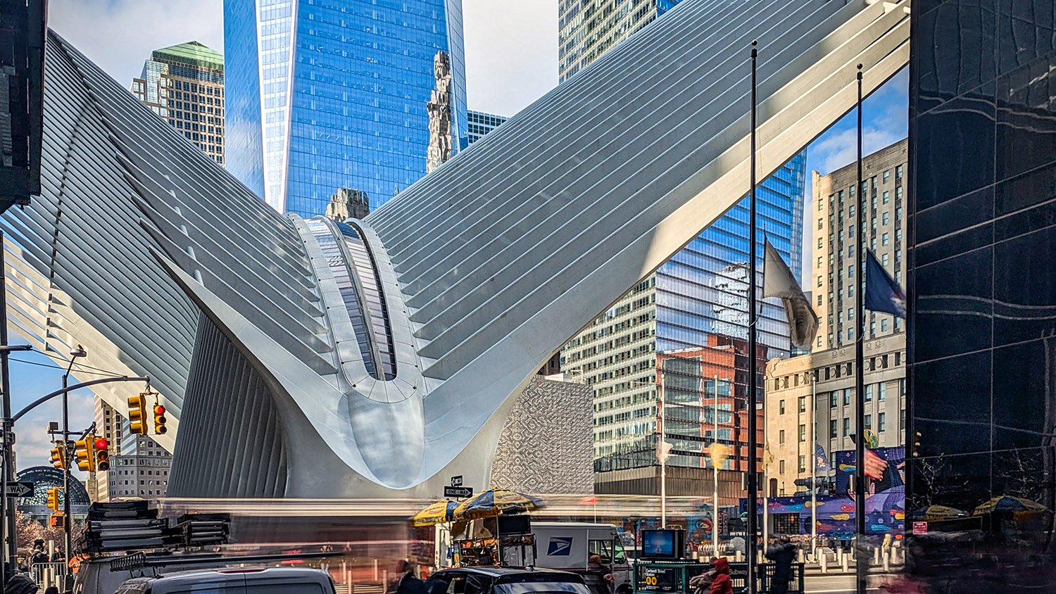 Looking at the World Trade Center Transportation Hub from the east