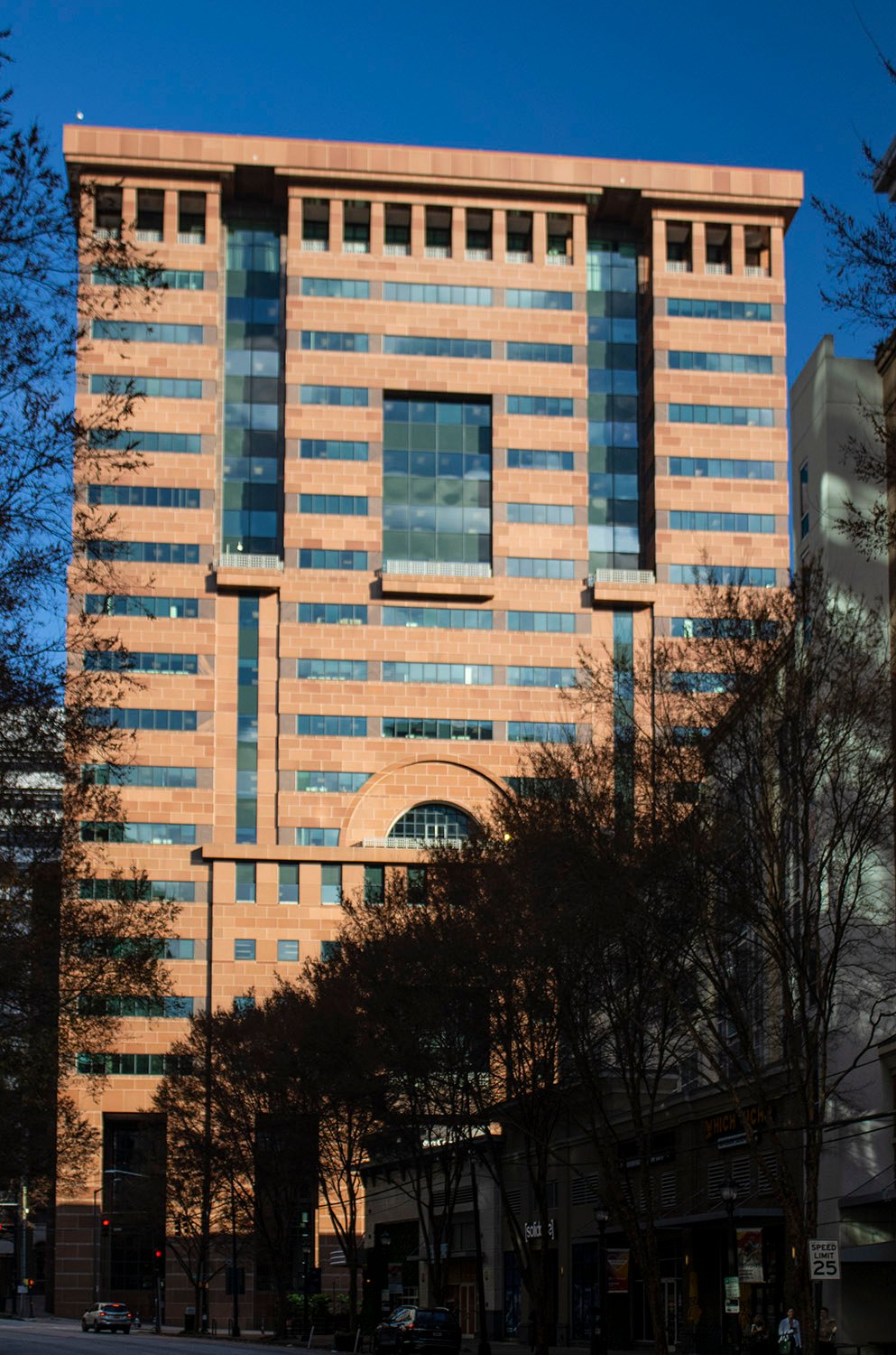 Looking at the facade of Ten Peachtree Place from the south