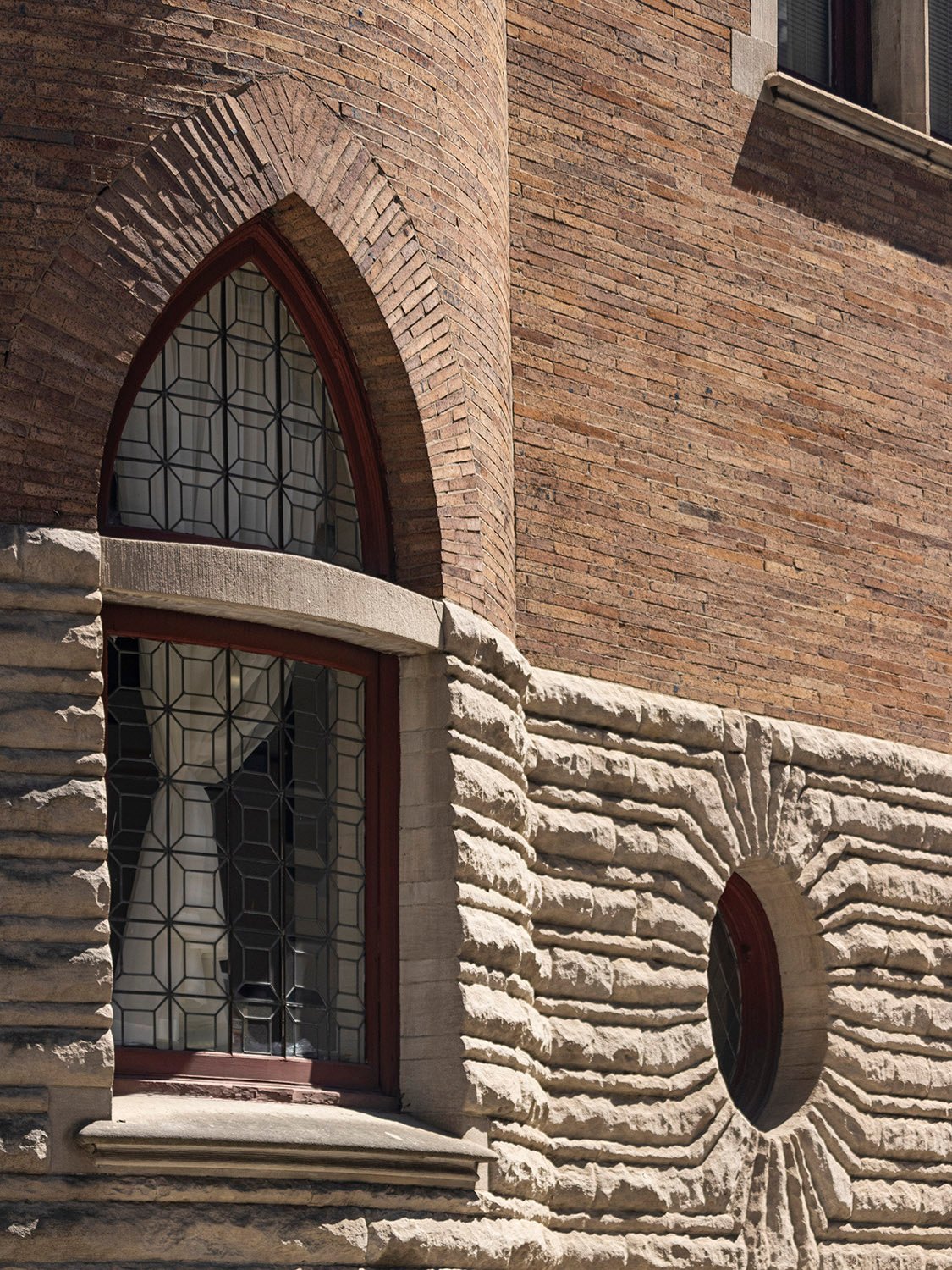 Back circular tower and oval window on the west elevation of the Clarence B. Moore Residence, Philadelphia