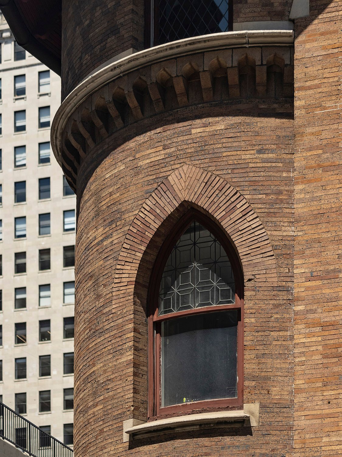 Second-floor window on the front circular tower of the Clarence B. Moore Residence, Philadelphia