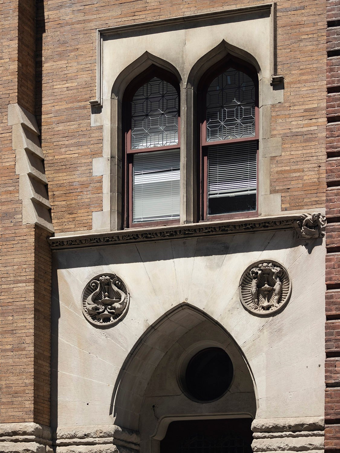 Entrance and second-floor double window on the Clarence B. Moore Residence, Philadelphia