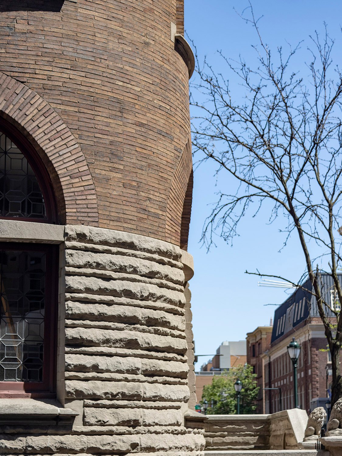 Front circular tower and front porch of the Clarence B. Moore Residence, Philadelphia