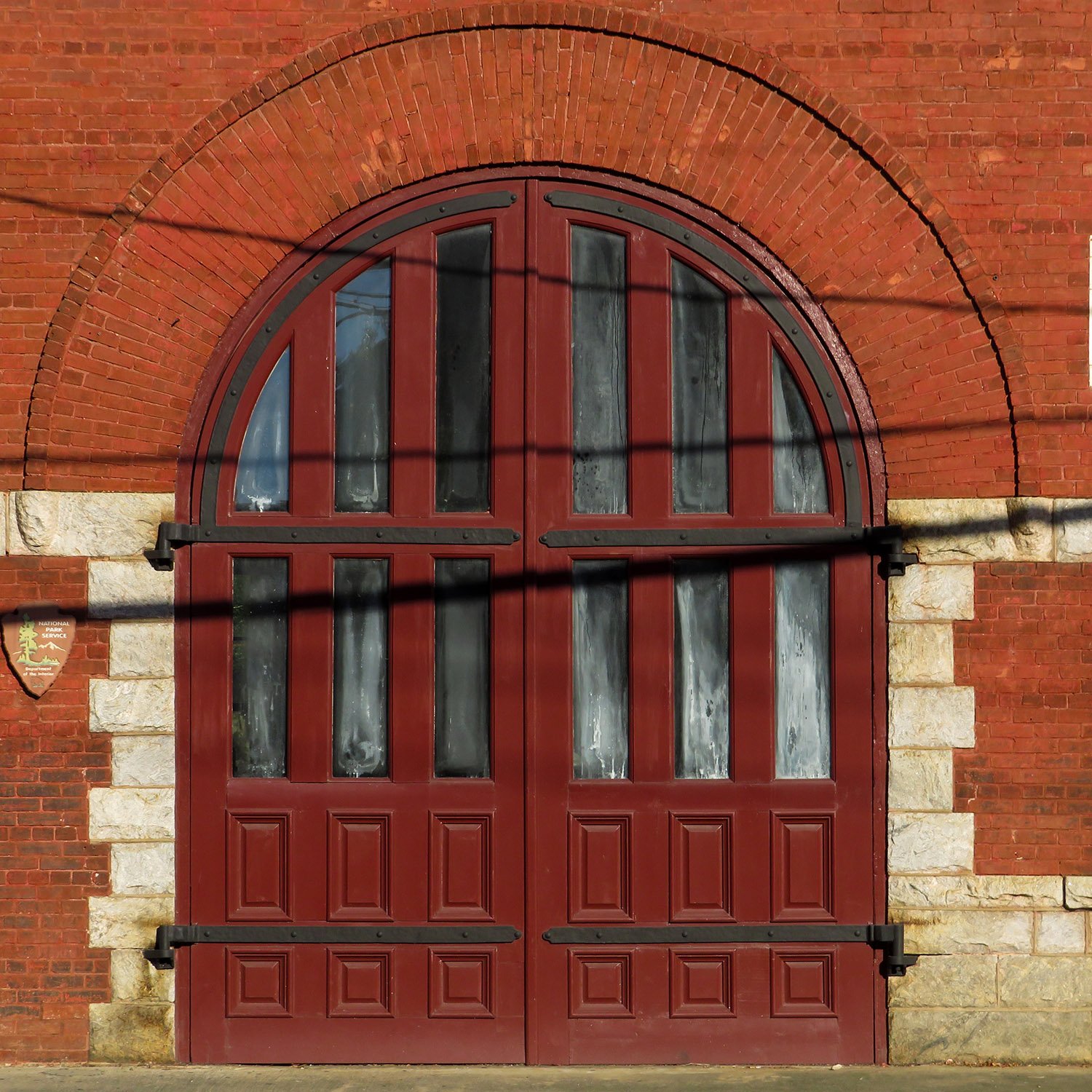 Fire engine doors and granite quoins on the facade of Engine House No. 6, Atlanta