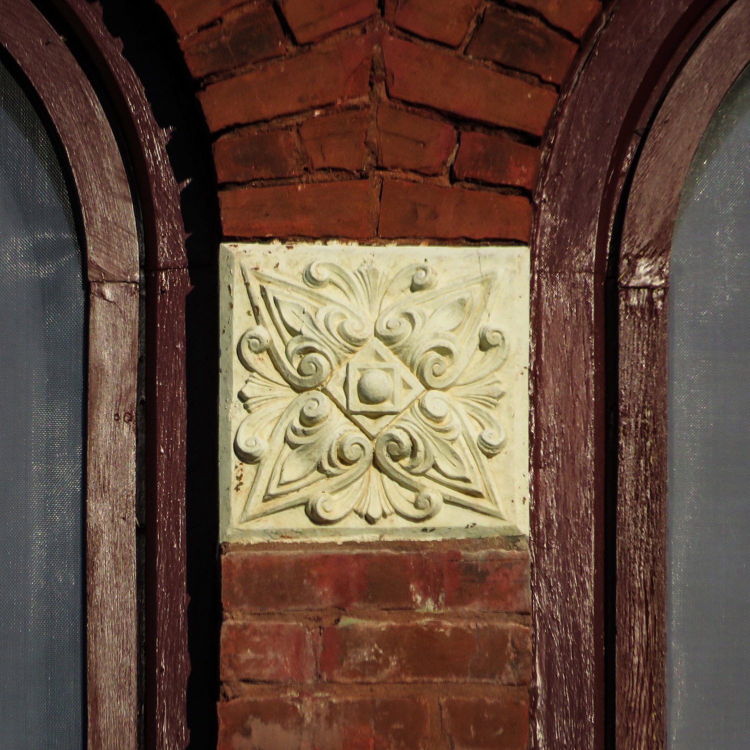 Terracotta ornamentation between second-floor windows on Engine House No. 6, Atlanta