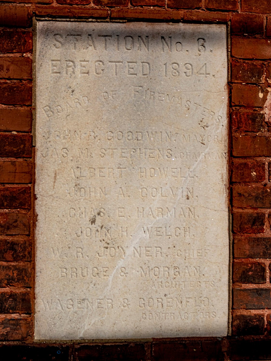 Cornerstone on the facade of Engine House No. 6, Atlanta