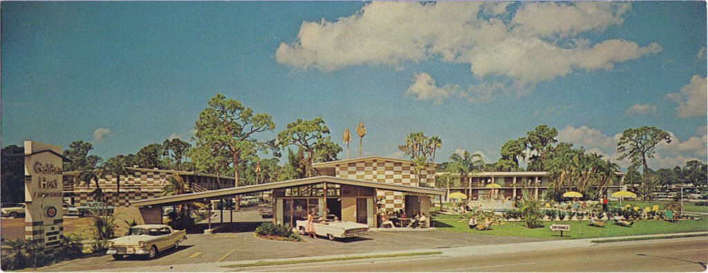 Golden Host Motor Hotel (1959). Sarasota, Florida. Photograph from an undated postcard published by Steinmetz Photography of Sarasota.