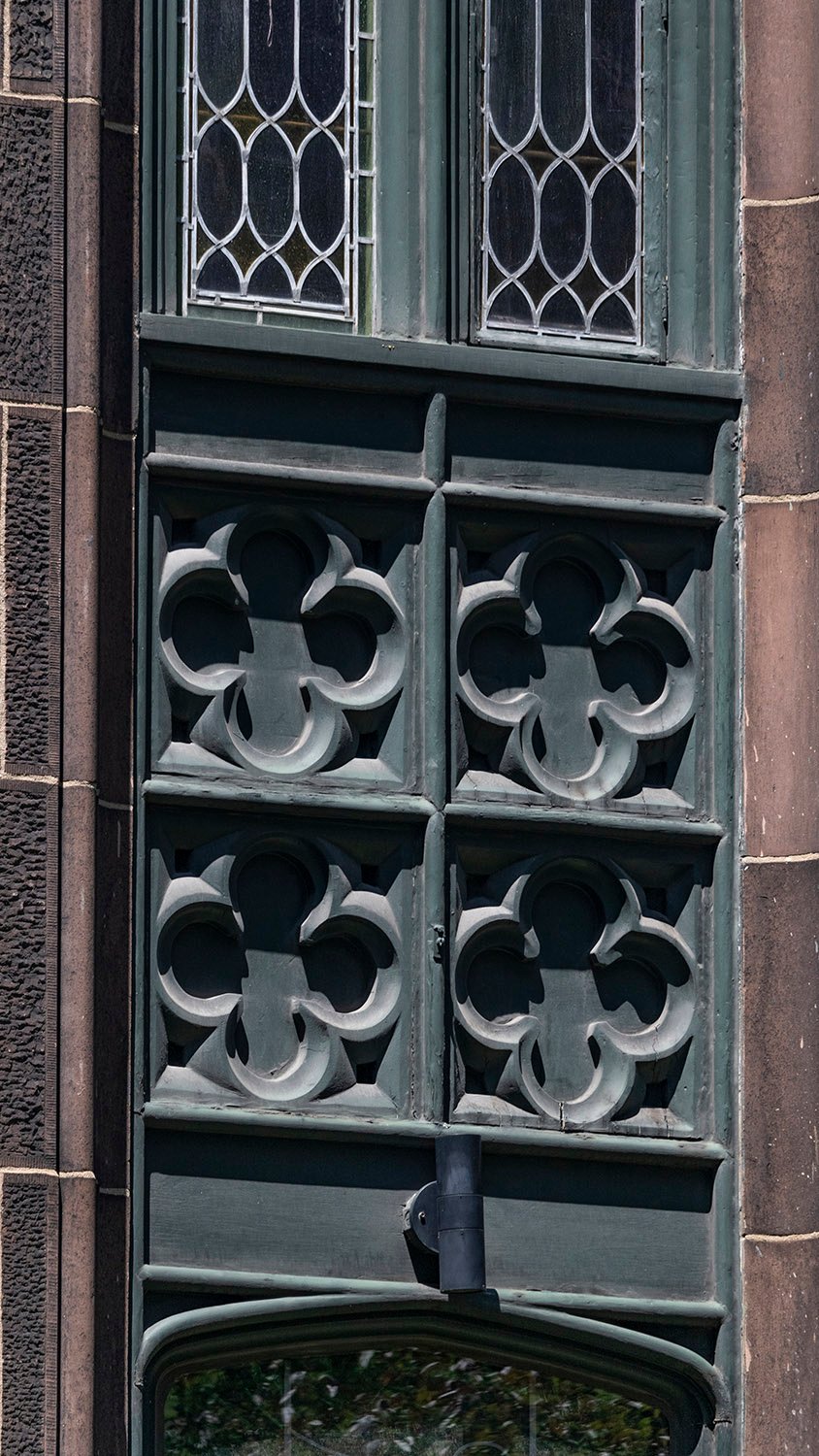 Window spandrel with quatrefoils on the Parish House, First Presbyterian Church, New York