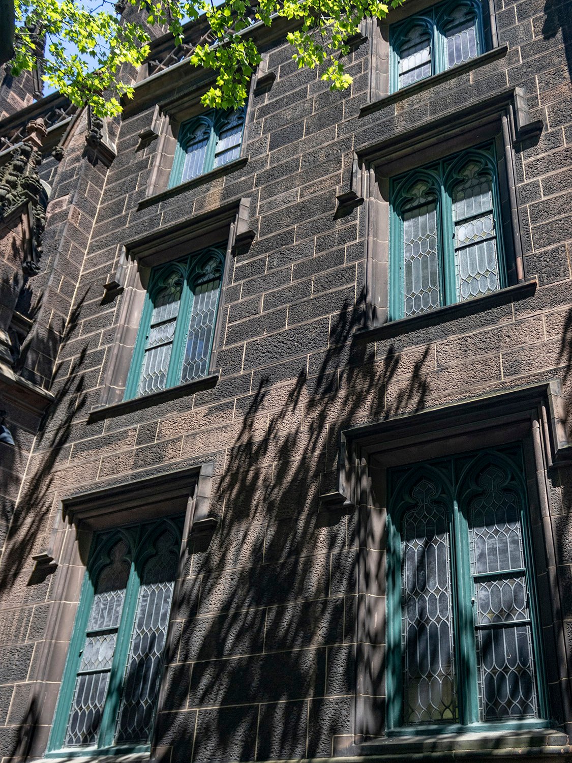 Looking up at the south elevation of the Parish House, First Presbyterian Church, New York