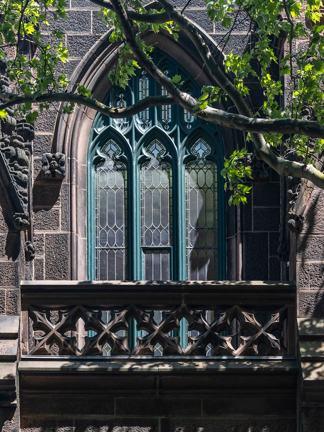 Second-floor window and balcony on the south elevation of the Parish House, First Presbyterian Church, New York