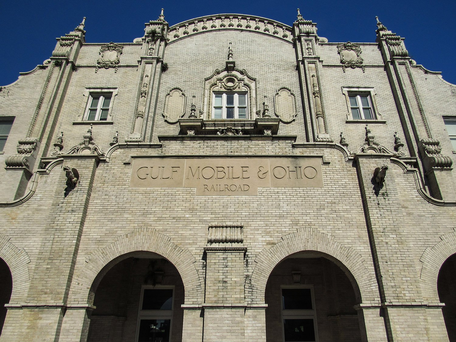 Looking up at the facade of the Gulf, Mobile and Ohio Passenger Terminal, Mobile, Alabama