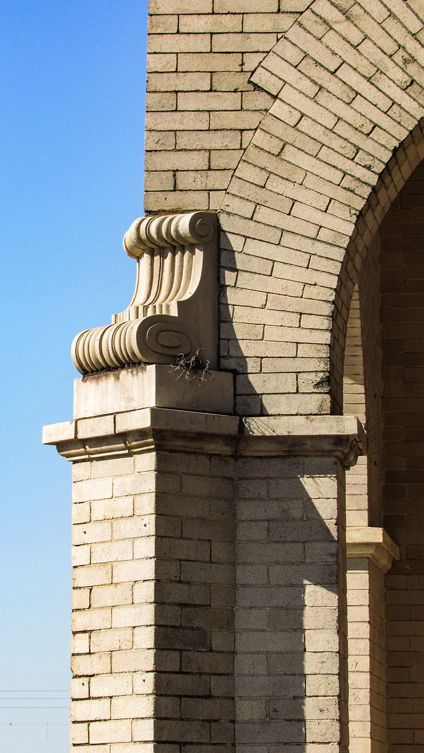 Volute and buttress on the facade of the Gulf, Mobile and Ohio Passenger Terminal, Mobile, Alabama