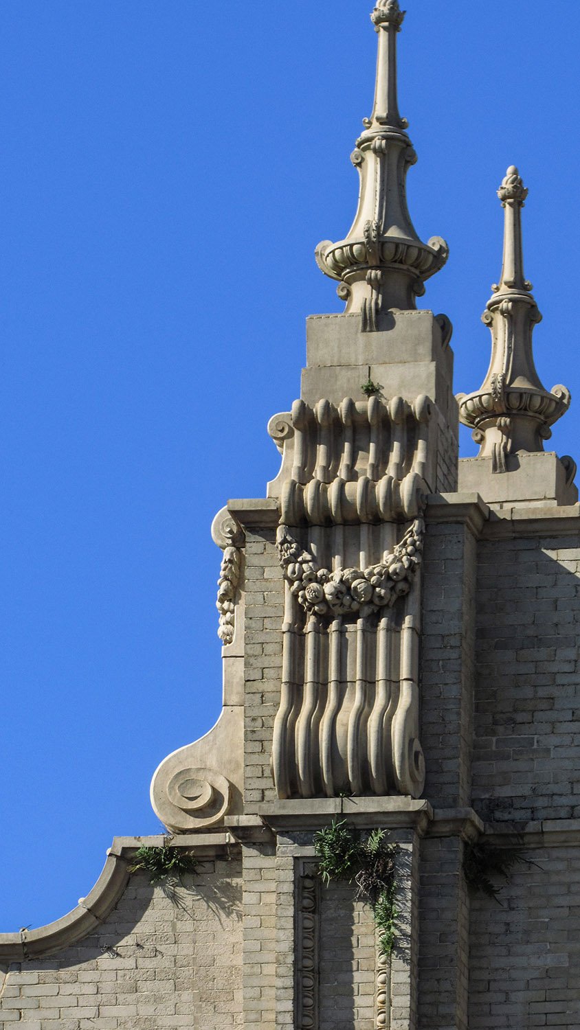 Volutes and finials on the facade of the Gulf, Mobile and Ohio Passenger Terminal, Mobile, Alabama